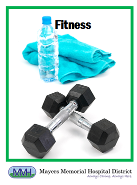 Picture of some weights, a towel, and a water bottle. Ad says Fitness.