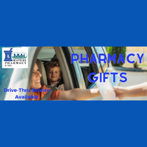 Female picking up a prescription from the pharmacy drive-thru window with her toddler son in the backseat of the car. Pharmacy and gifts. Drive-thru service available.